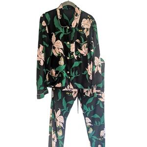 Morgan Lane Nia Dark Floral Print Silk Blend Pajama Set Black Pink Green Small